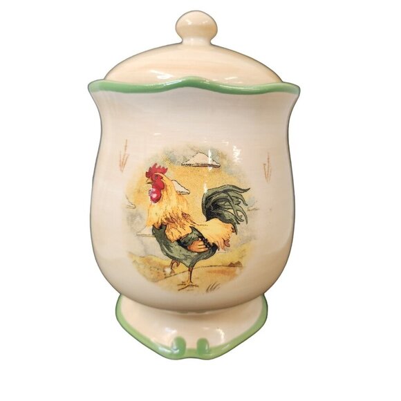 Vintage Ceramic Jar With Rooster Design & Green Trim Lid Decorative Kitchen Cani - Picture 1 of 7